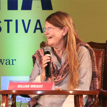 Author Kaveere Bamzai in conversation with author Gillian Wright (R) during 'Mishti The Mirzapuri Labrador and other tales' storytelling session