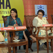 (L-R) Author Kaveree Bamzai, Writer Shanta Gokhale, Author Kishwar Desai, Journalist Minnie Vaid, Writer Samhati Arni and Deepanjana Pal during 'Women Voices : Waiting to be Heard' session