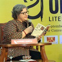 Author Kaveree Bamzai reading out excerpts from her book 'No Regrets: The guilt-free woman's guide to a good life' to <br/>Bollywood actress Nandita Das during 'Mother : Yours, Mine and Ours' session