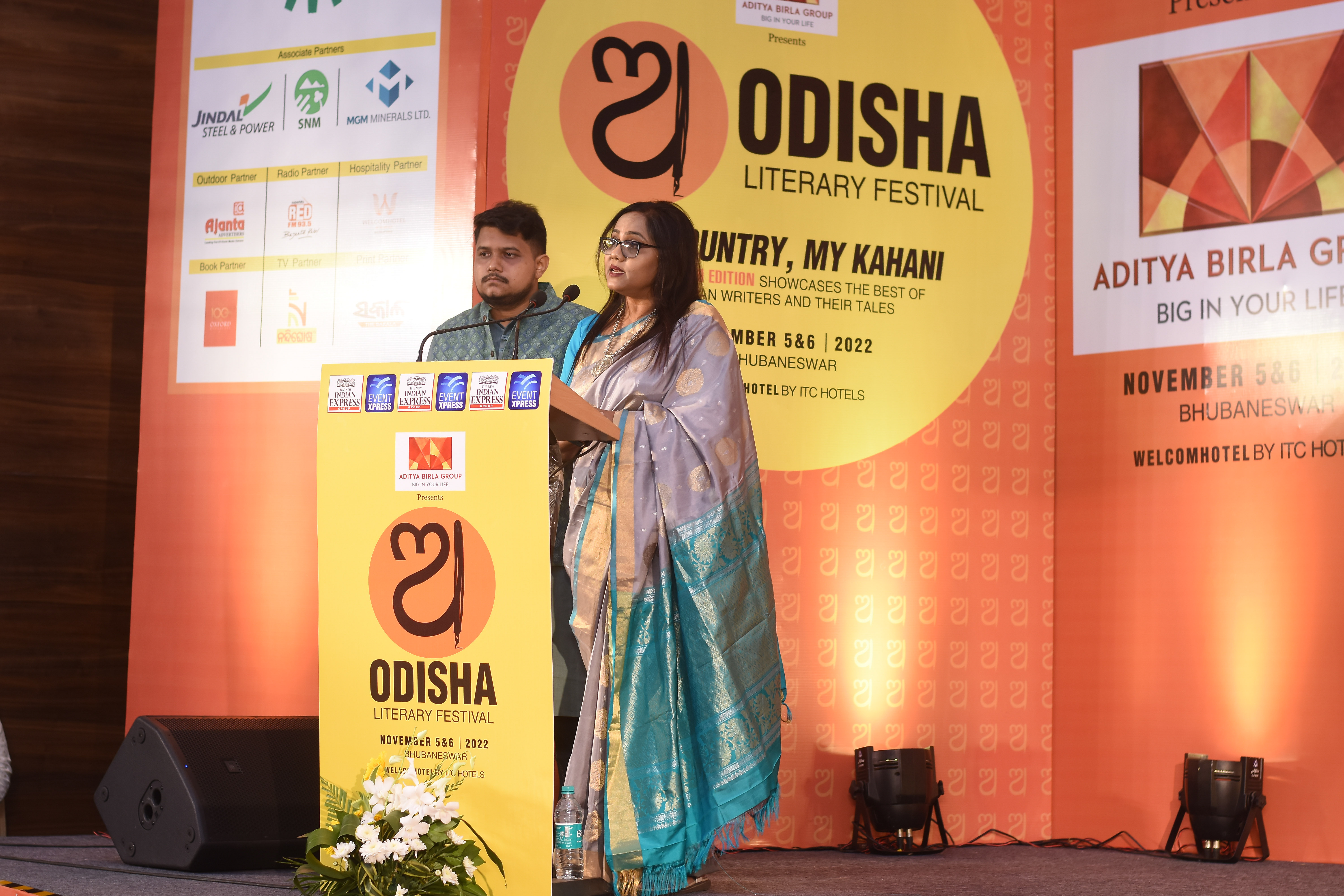 OLF anchors Kasturi Ray, TNIE Senior News Editor and Subham Kumar Nath on the first day of Odisha Literary Festival in Bhubaneswar. Express / DEBADATTA MALLICK