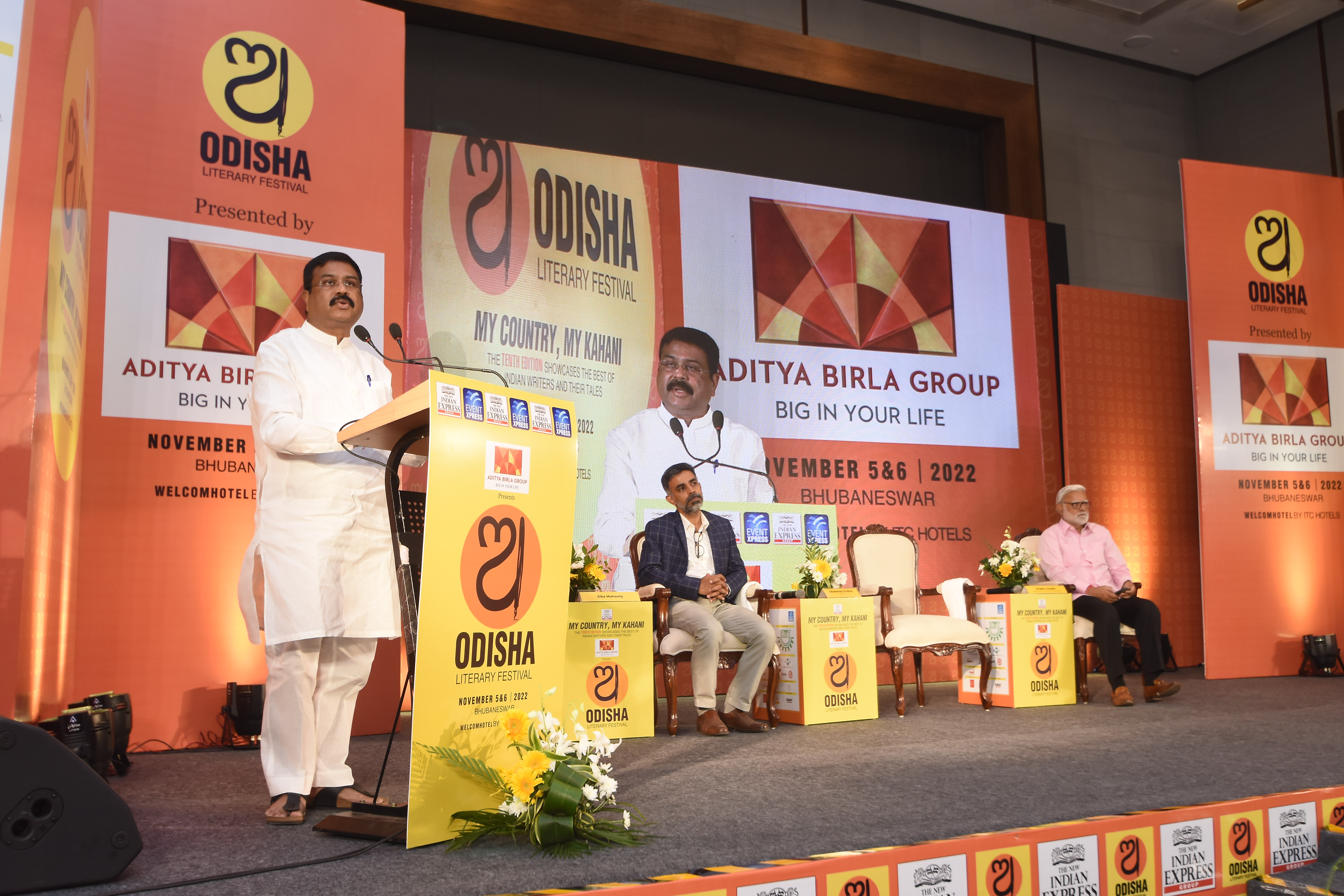 Union Minister Dharmendra Pradhan speaks at the inaugural ceremony of Odisha Literary Festival in Bhubaneswar on Saturday. Express / DEBADATTA MALLICK