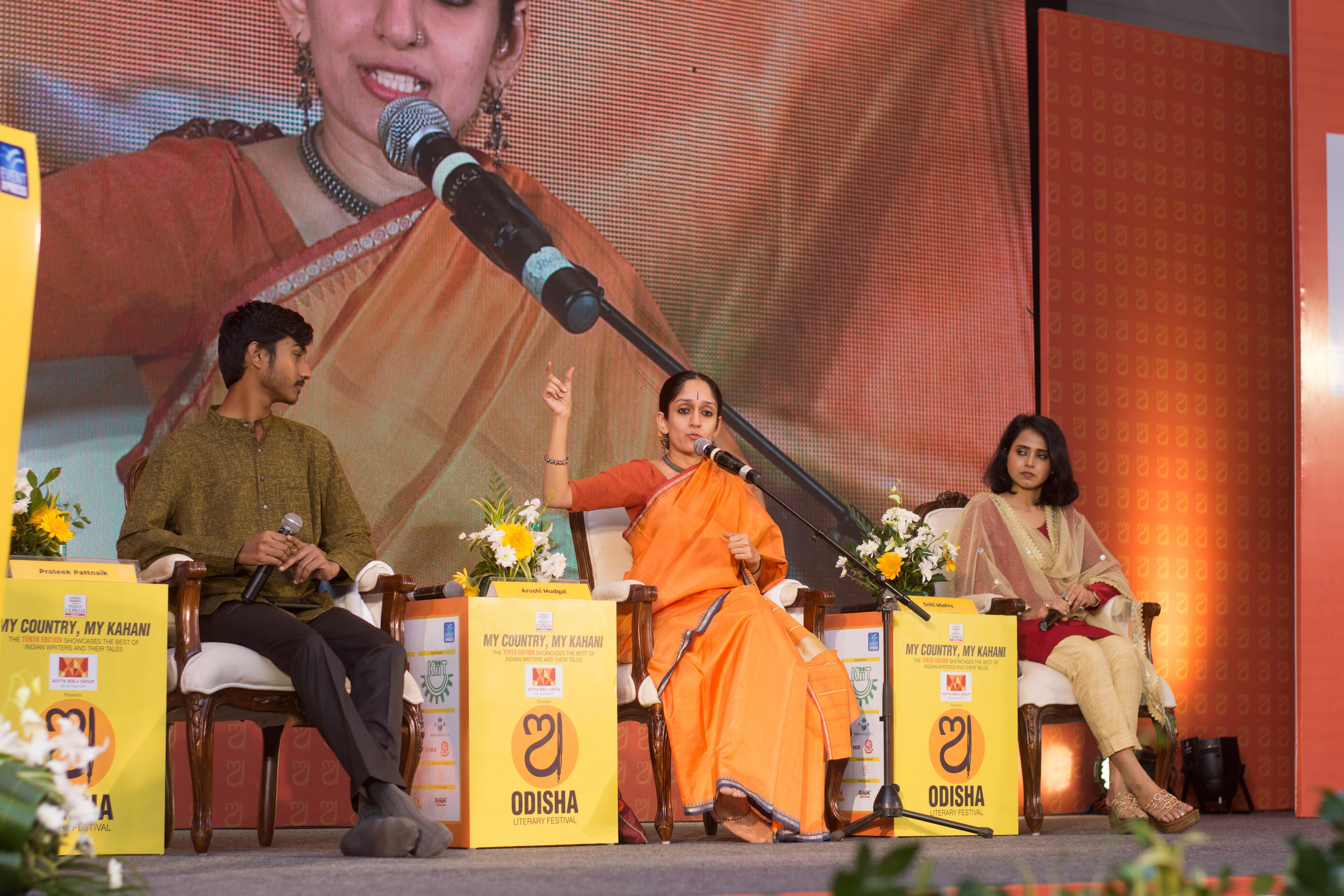 From left to right - Prateek Pattnaik, Researcher, musician and archivist, Arushi Mudgal, Odissi exponent and Sniti Mishra, Vocalist during the first session - Saving Cultural Practices: Stories of Our Future, on the first day of Odisha Literary Festival in Bhubaneswar - Express / DEBADATTA MALLICK