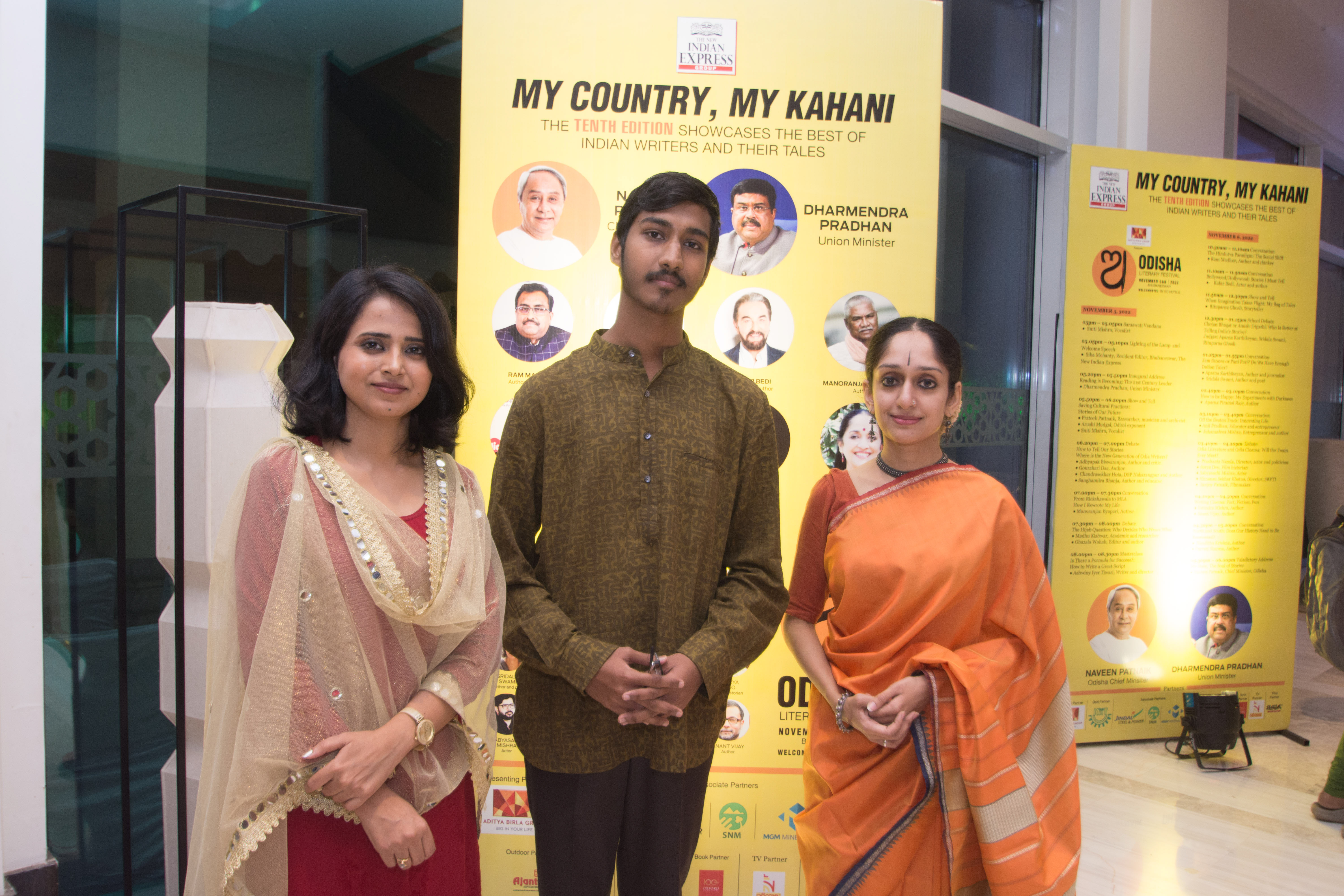 From left to right - Sniti Mishra, Vocalist, Prateek Pattnaik, Researcher, musician and archivist, and Arushi Mudgal, Odissi exponent spoke in the first session - Saving Cultural Practices: Stories of Our Future, on the first day of Odisha Literary Festival in Bhubaneswar - Express / DEBADATTA MALLICK