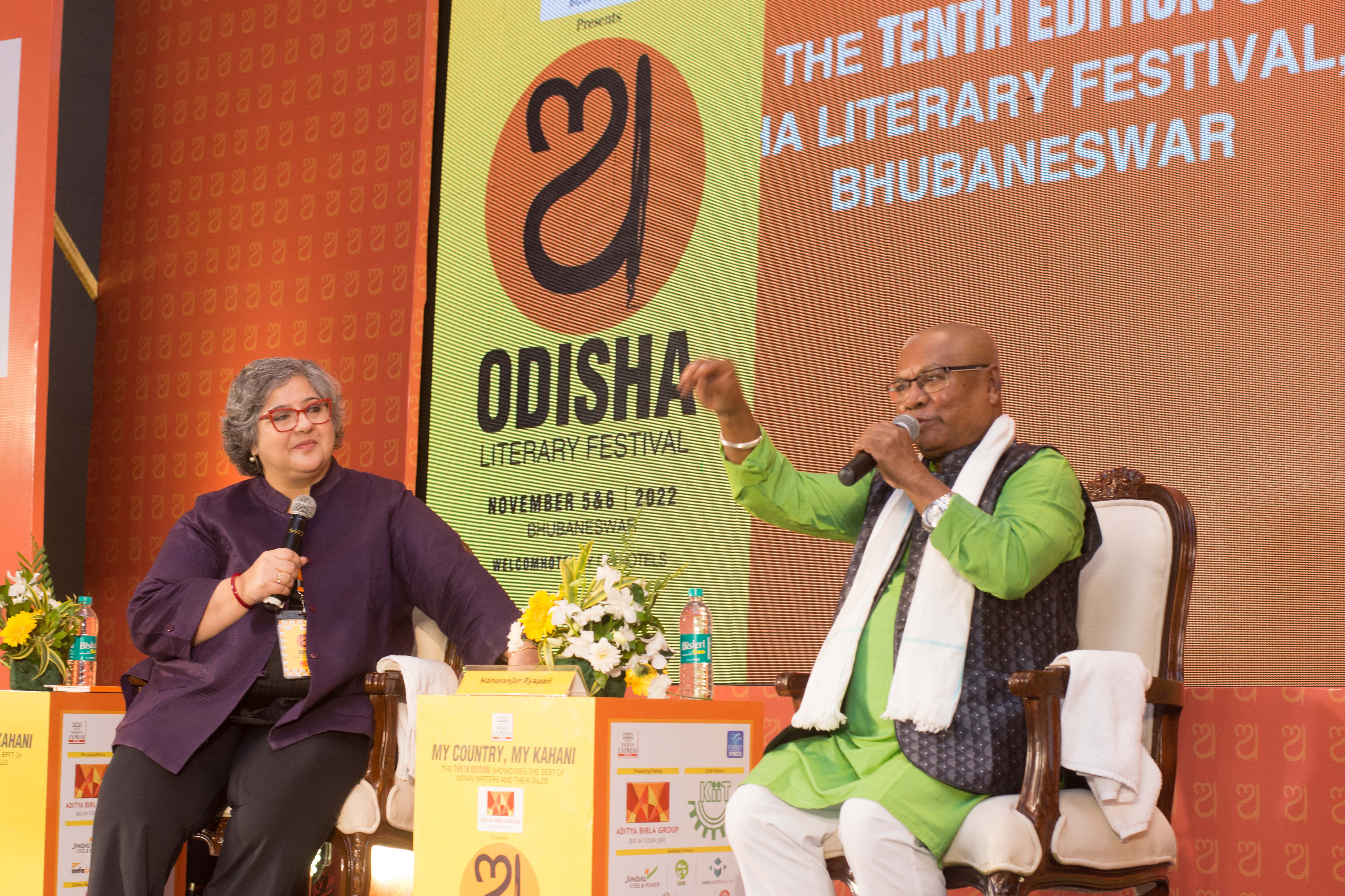 Left to right - Host Kaveree Bamzai, Manoranjan Byapari, author and politician speaks during the third session - From Rickshawala to MLA: How I Rewrote My Life, on the first day of Odisha Literary Festival in Bhuabneswar. Express / DEBADATTA MALLICK