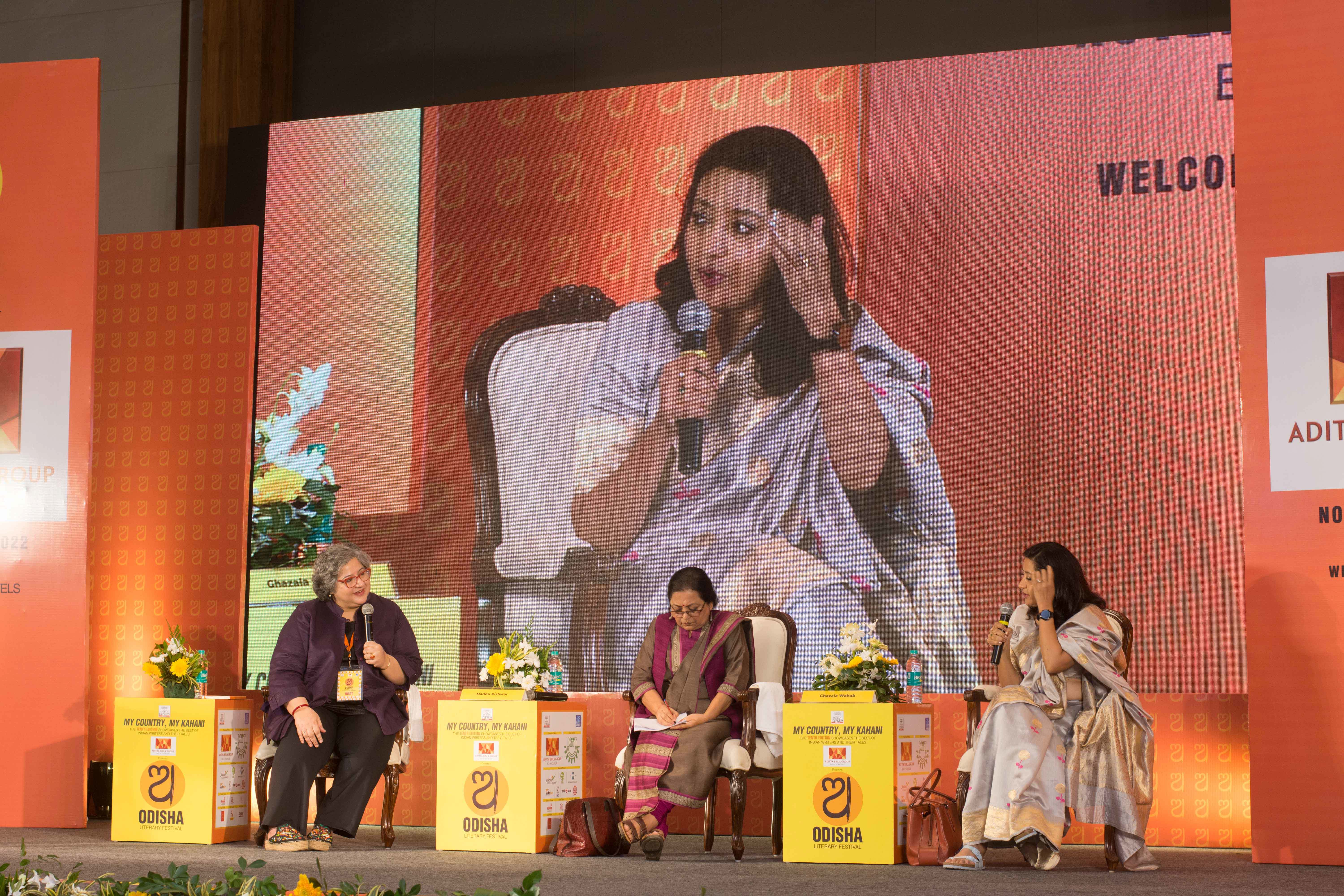 From left to right - Host Kaveree Bamzai, Madhu Kishwar, Academic and researcher and Ghazala Wahab, Editor and author speaking in fourth session - The Hijab Question: Who Decides Who Wears What, on the first day of Odisha Literay Festival in Bhubaneswar. Express / DEBADATTA MALLICK