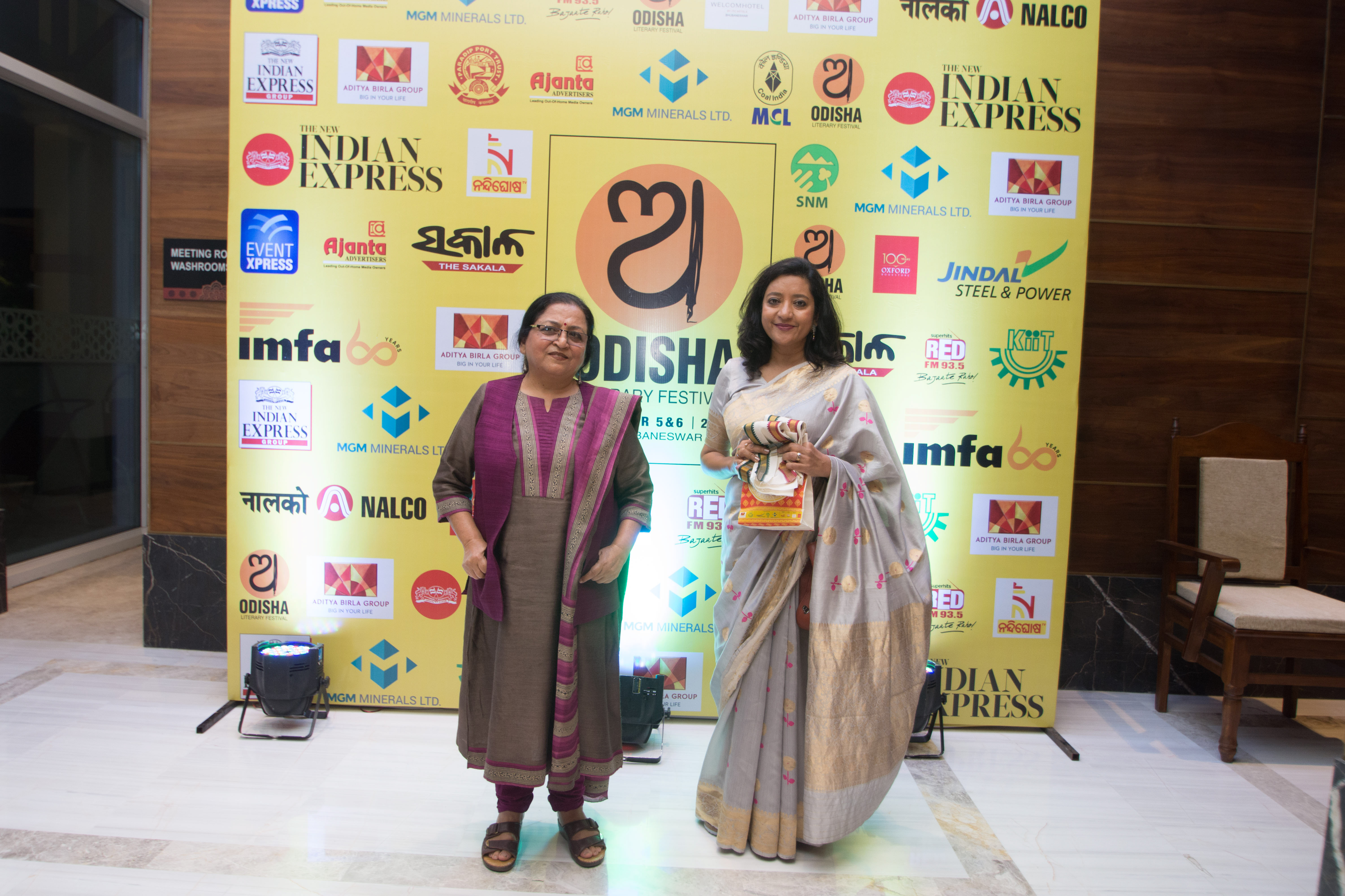 From left to right - Madhu Kishwar, Academic and researcher and Ghazala Wahab, Editor and author, on the first day of Odisha Literay Festival in Bhubaneswar. Express / DEBADATTA MALLICK