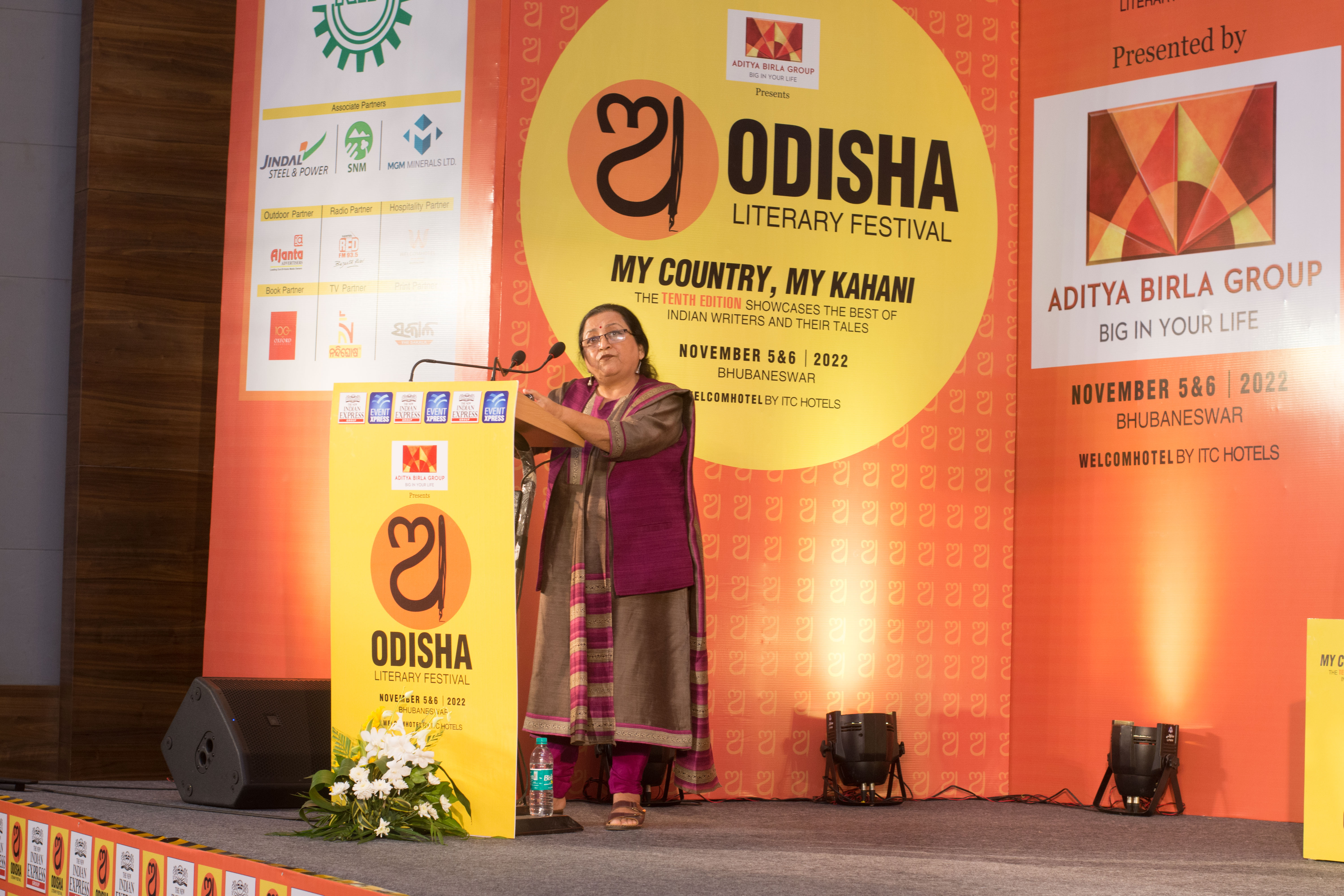 Madhu Kishwar, Academic and researcher speaking in fourth session - The Hijab Question: Who Decides Who Wears What, on the first day of Odisha Literay Festival in Bhubaneswar. Express / DEBADATTA MALLICK