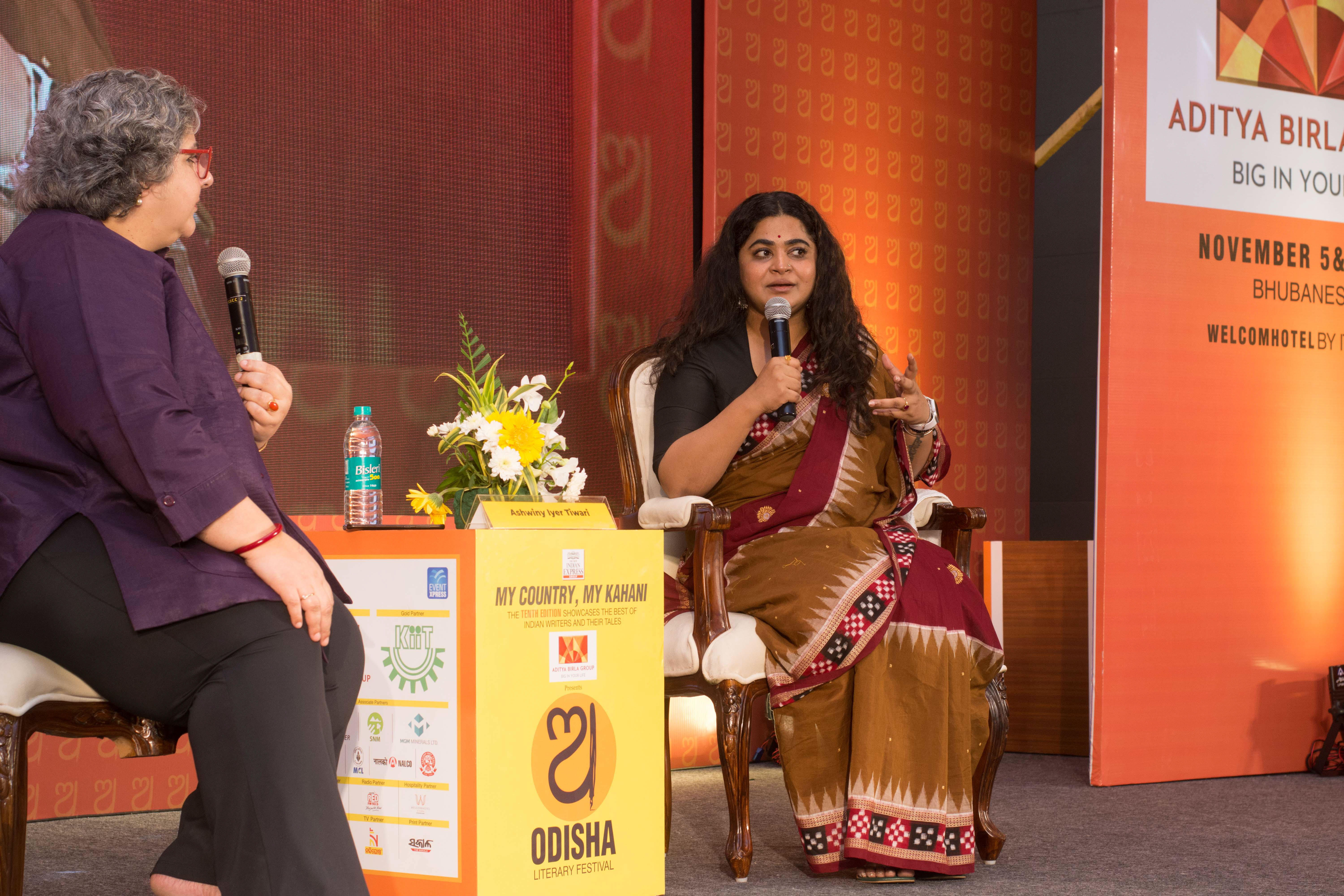 From left to right - Host Kaveree Bamzai, and Ashwiny Iyer Tiwari, Writer and director speaking in the fifth session - Is There a Formula for Success?: How to Write a Great Script, on the first day of Odisha Literay Festival in Bhubaneswar. Express / DEBADATTA MALLICK 