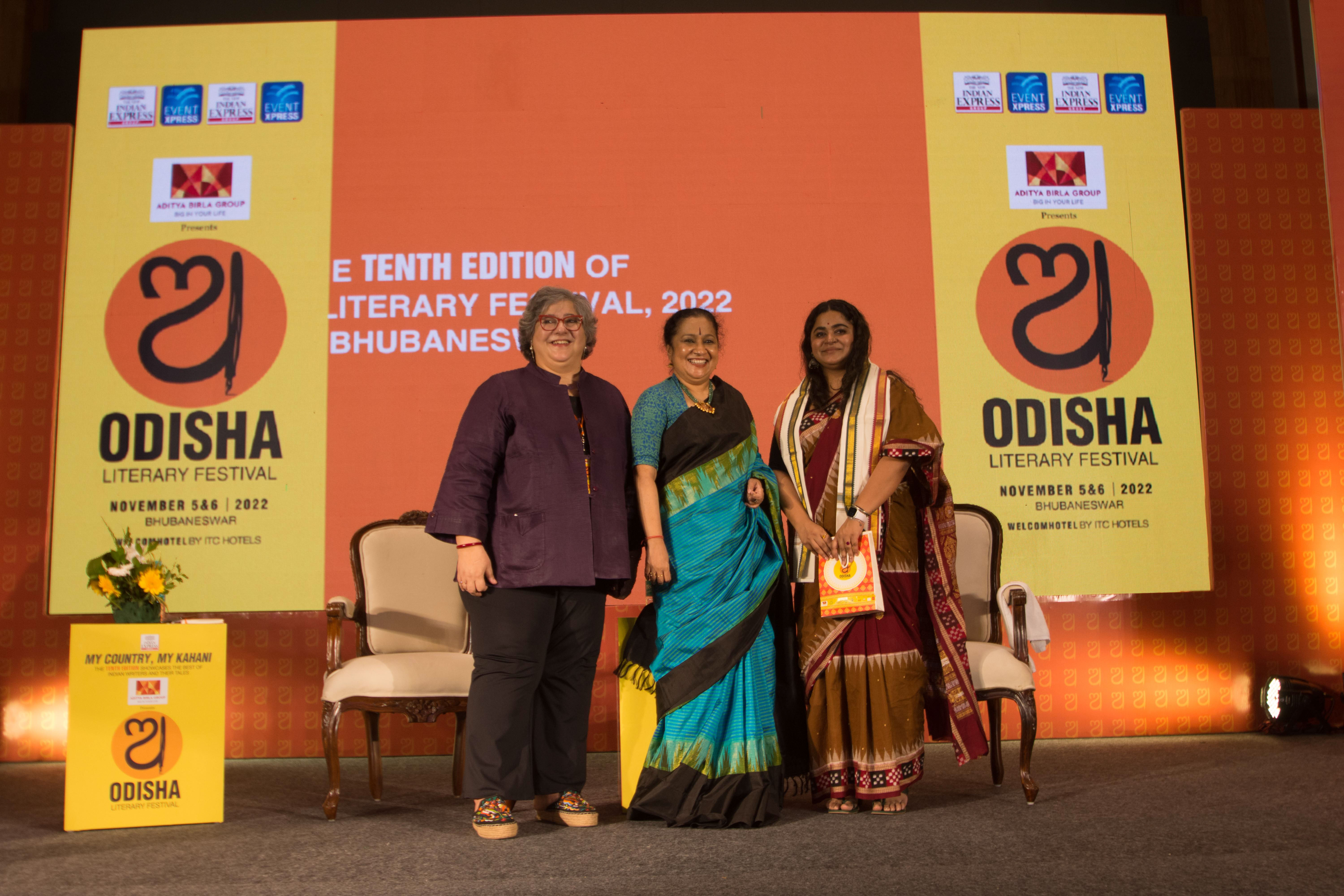 From left to right - Host Kaveree Bamzai, TNIE CEO Lakshmi Menon, and Ashwiny Iyer Tiwari, Writer and director on the first day of Odisha Literay Festival in Bhubaneswar. Express / DEBADATTA MALLICK