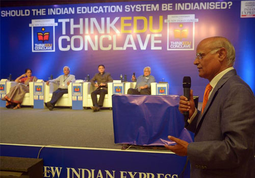 Prabhu Chawla asks a question from panelists during a session on 'How early should children start learning about their country