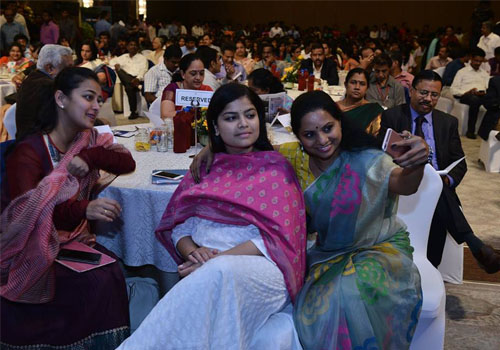Young politicians and Members of Parliament Poonam Mahajan takes a selfie with Kavitha Kalvakuntla