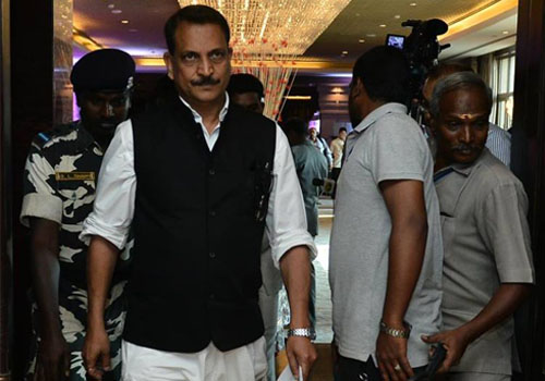 Union Minister for Skill Development Rajiv Pratap Rudy arrives at the venue for his session