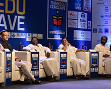 Panel discussion on 'Does a better education system lead to a cleaner political system?' Panelists are (L-R) Jayant Sinha, Union Minister of State for Civil Aviation; V Narayanasamy, Chief Minister, Puducherry; V. Maitreyan, Member, Rajya Sabha and Tiruchi N. Siva, Member, Rajya Sabha.