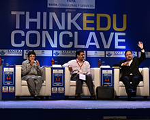Panel discussion on 'How do you train students for Innovation & Leadership?' Panelists are (L-R) Kiran Bedi, Puducherry Lt Governor; Rajeev Srinivasan, Adjunct Faculty, IIM-B and Debashis Chatterjee, D-G, International Management Institute.