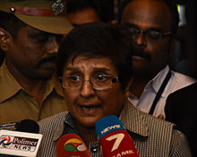 Kiran Bedi giving interviews to news channels after her session.