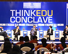 Panel on 'How do you prepare for the workplace of the future?' Panelists are (L-R) Parmesh Shahani, Head, Godrej India Culture Lab; Venguswamy Ramaswamy, Global Head - iON, TCS; C Velan, CEO & MD, IT Park & Regional Head, Tata Realty & Infrastructure; Rama Kirloskar, Managing Director, Kirloskar Ebara Pumps Limited and Dhruv Galgotia, CEO, Galgotias University.