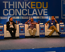 Panel discussion on 'Is Nationalism missing from Indian Education?' Panelists are (L-R) Zafar Sareshwala, Chancellor, Maulana Azad National Urdu University; R Vaidyanathan, Professor, Public Policy, SASTRA University and Rakesh Sinha, Honorary Director, India Policy Foundation.