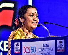 TNIE Group CEO Lakshmi Menon delivering the vote of thanks at the conclusion of this year's Conclave