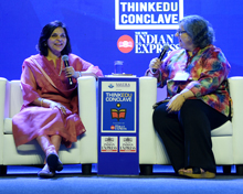Dr Sangita Reddy, Joint MD, President-FICCI speaking on the topic 'Women as leaders: Why we need more of them' after being introduced by Kaveree Bamzai Senior Journalist at the ThinkEdu conclave 2020 hosted by The New Indian Express