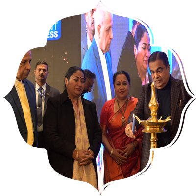 Union Road, Transport and Highways minister Nitin Gadkari, Delhi CM Rekha Gupta, Manoj Kumar Sonthalia,(Chairman, New Indian Express),Lakshmi Menon(CEO, New Indian Express), Prabhu Chawla( Editorial Director, New Indian Express) and Santwana Bhattacharya (Editor, New Indian Express) light a lamp during the Devi Awards in New Delhi on Monday.